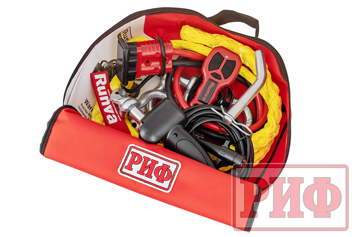 Лебёдка переносная РИФ 9.5XS c квадратом для фаркопа и проводами в сборе, короткий барабан, стальной трос (облегченная)