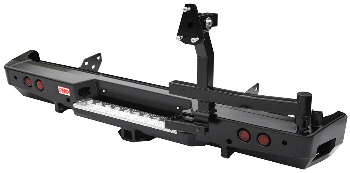 Бампер РИФ силовой задний Toyota Tundra 2007-09.2013 с квадратом под фаркоп, калиткой и фонарями