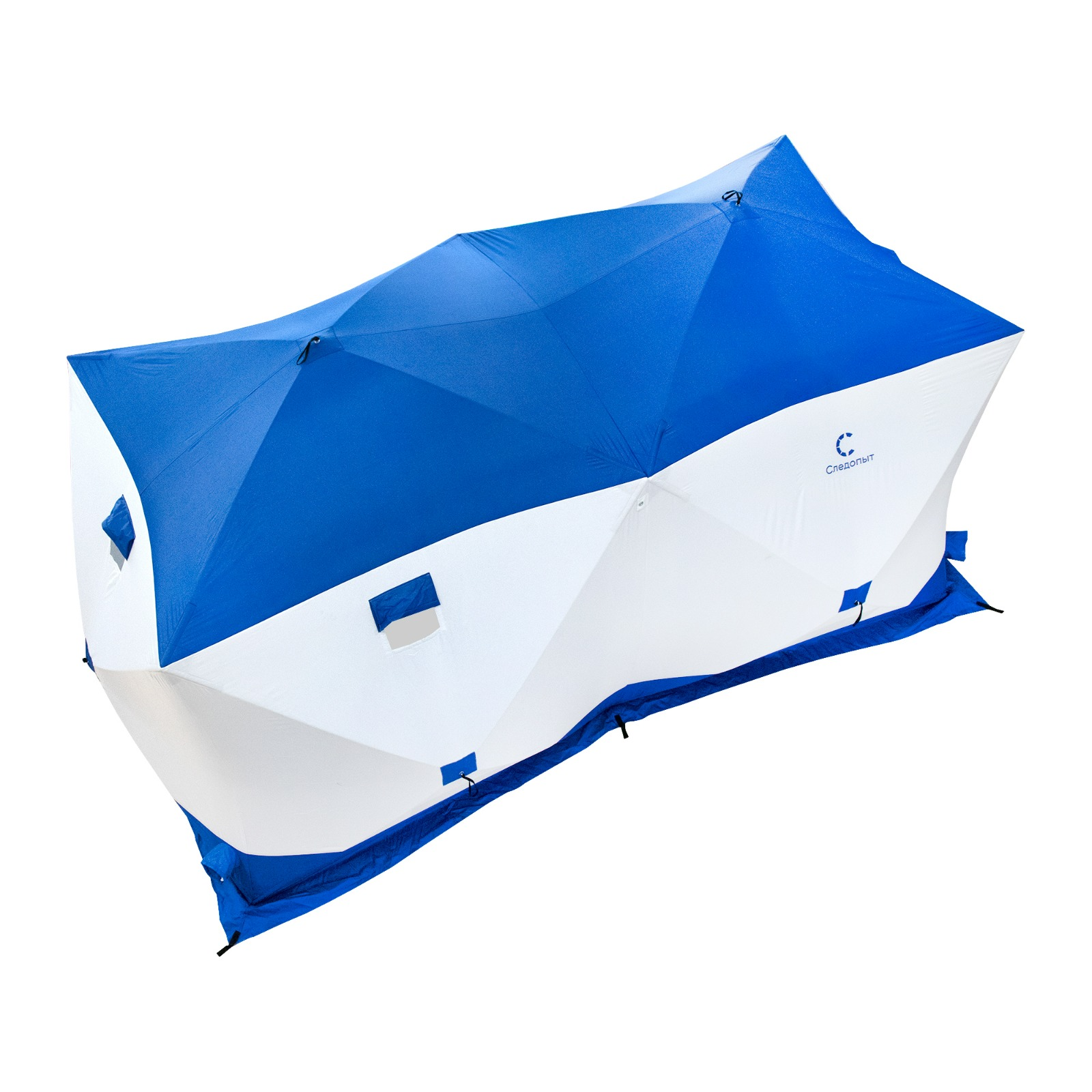 Палатка зимняя куб СЛЕДОПЫТ, 3,8х1,9 м, 2-комнатная, 3 слоя , синий/белый