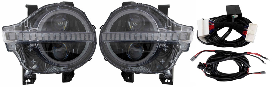 Комплект светодиодных фар для а/м TANK 300 с кольцевым ДХО в стиле Бронко, модифицированной оптической системой, динамическим приветствием в ДХО и системой адаптивного освещения поворотов