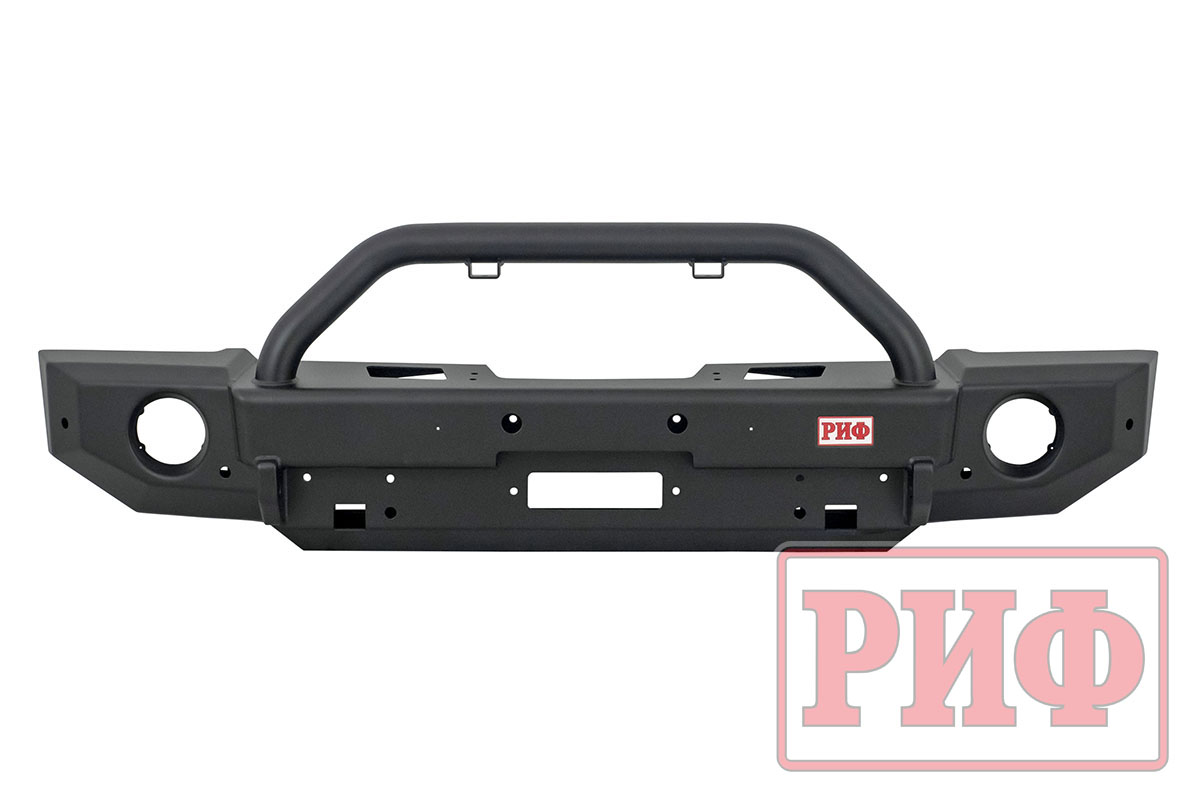 Бампер РИФ силовой передний Jeep Wrangler JL 2018+ под штатные фары, с центральной защитной дугой (для а/м с низкими перед. крыльями))