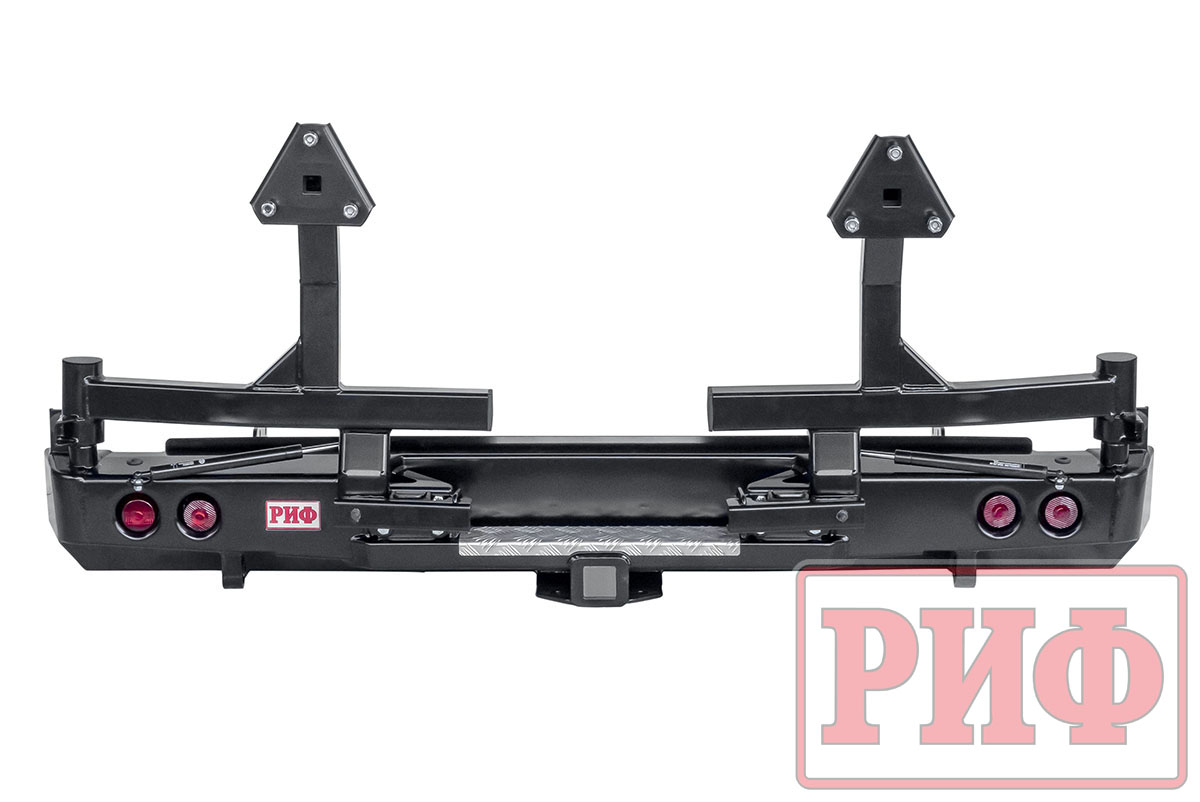 Бампер РИФ силовой задний Isuzu D-MAX (2012-2020) с квадратом под фаркоп, 2-мя калитками, фонарями, подсветкой номера, стандарт