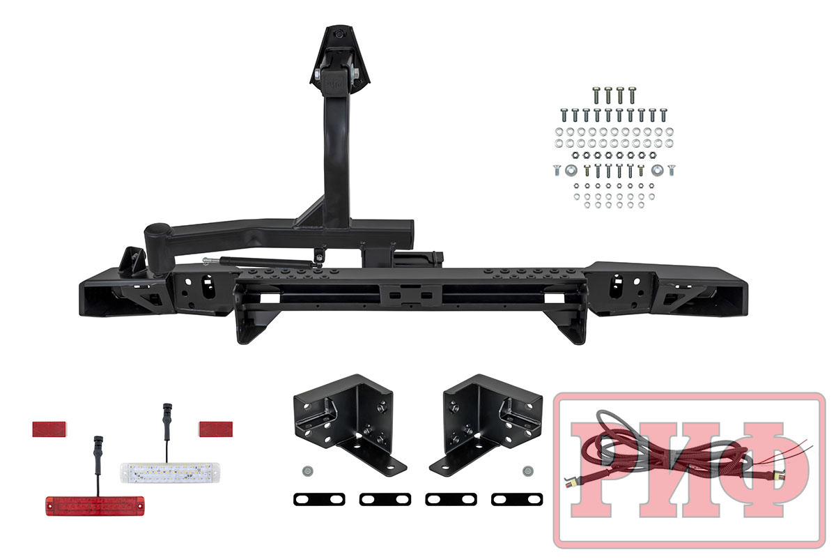 Бампер РИФ силовой задний УАЗ Хантер с фонарями, калиткой, возможностью установки фаркопа, лифт 65 мм