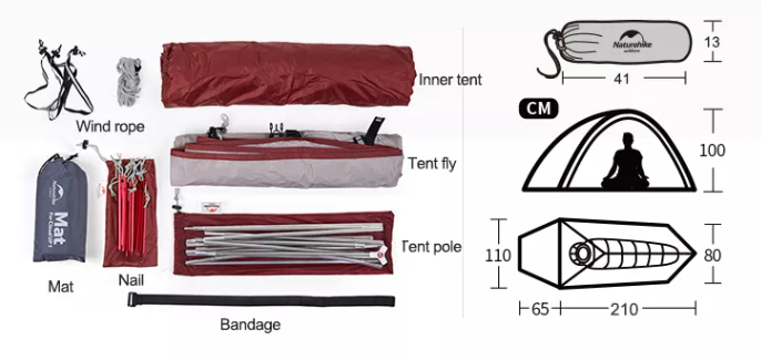 Палатка Naturehike Cloud Up Si 1-местная, алюминиевый каркас, сверхлегкая, серо-красная