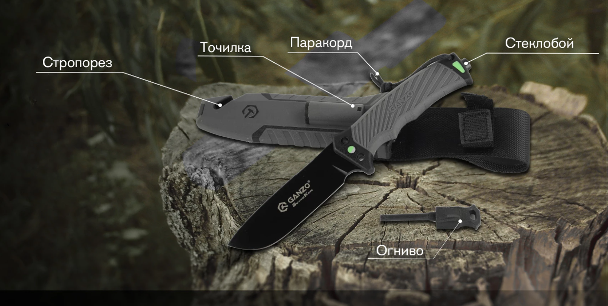 Нож туристический GANZO, длина 243 мм, сталь 8CR13, серый, с паракордом, в ножнах