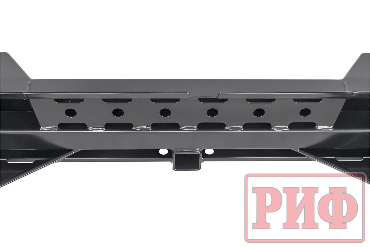 Бампер РИФ силовой задний Mitsubishi L200 2019-2022 с квадратом под фаркоп, калиткой, фонарями, подсветкой номера