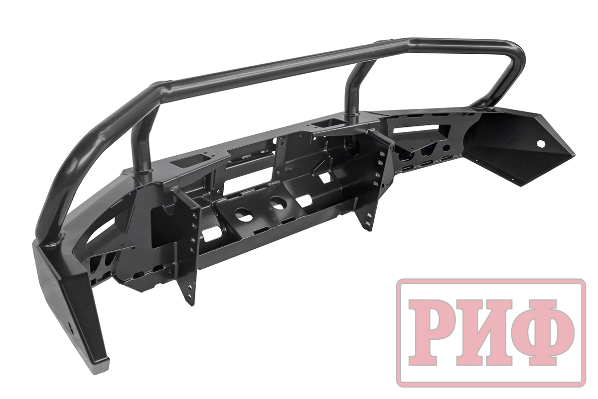 Бампер РИФ силовой передний Mitsubishi Pajero Sport 2015+  L200 2015- с доп. фарами (арт. B0205), защитной дугой, защитой бачка омывателя, под парктроник