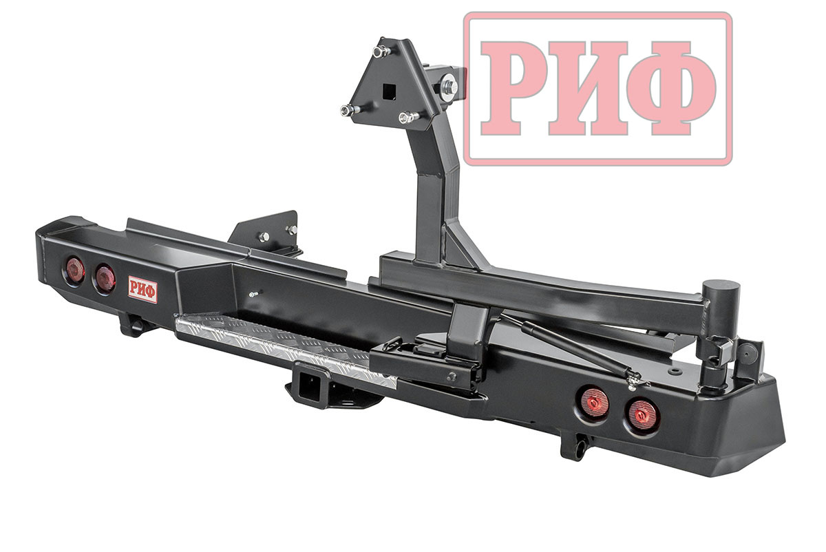 Бампер РИФ силовой задний Mitsubishi L200 2019-2022 с квадратом под фаркоп, калиткой, фонарями, подсветкой номера