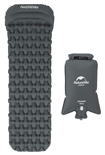 Коврик надувной Naturehike с подушкой, 185x59x3,5 см, серый, с мешком