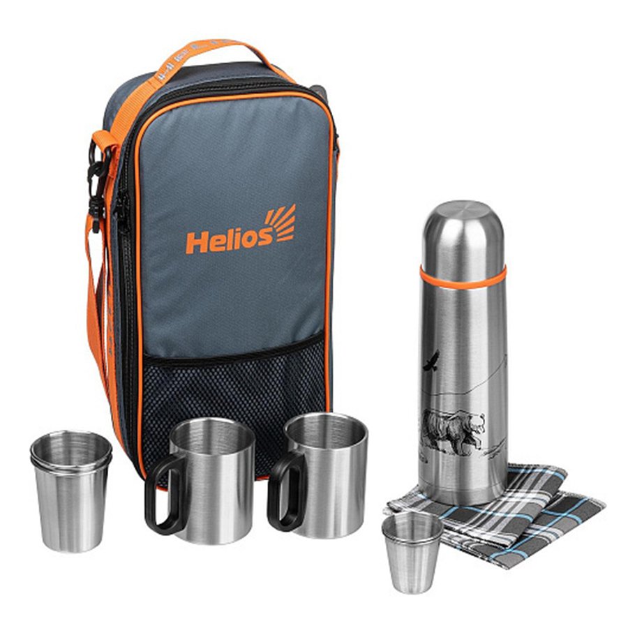 Набор для пикника HELIOS Prival на 2 персоны с термосом+2 термокружки, серый