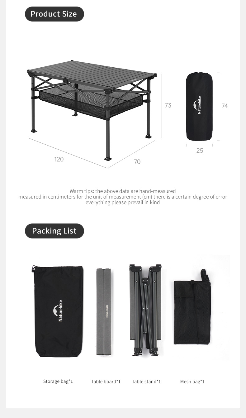 Стол туристический Naturehike Simple star H01 складной, 120х70х73 см, с сетчатой полкой, черный
