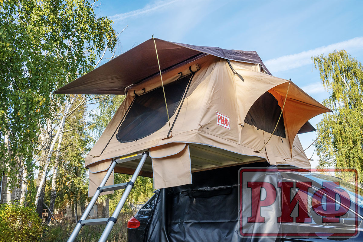 Палатка на крышу автомобиля РИФ Soft RT01-140W, тент песочный, корпус черный, 240х140х130 см