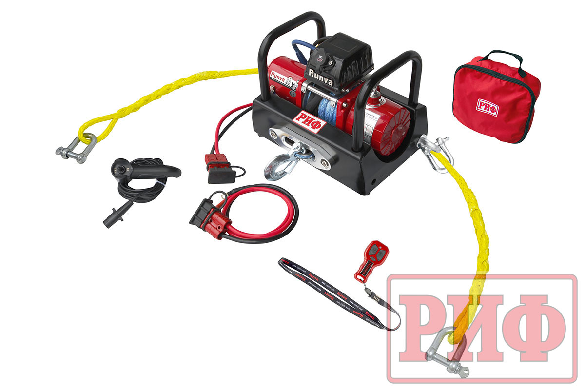 Лебёдка переносная РИФ 9.5XS c площадкой и проводами (в сборе) корот. барабан, синт. трос