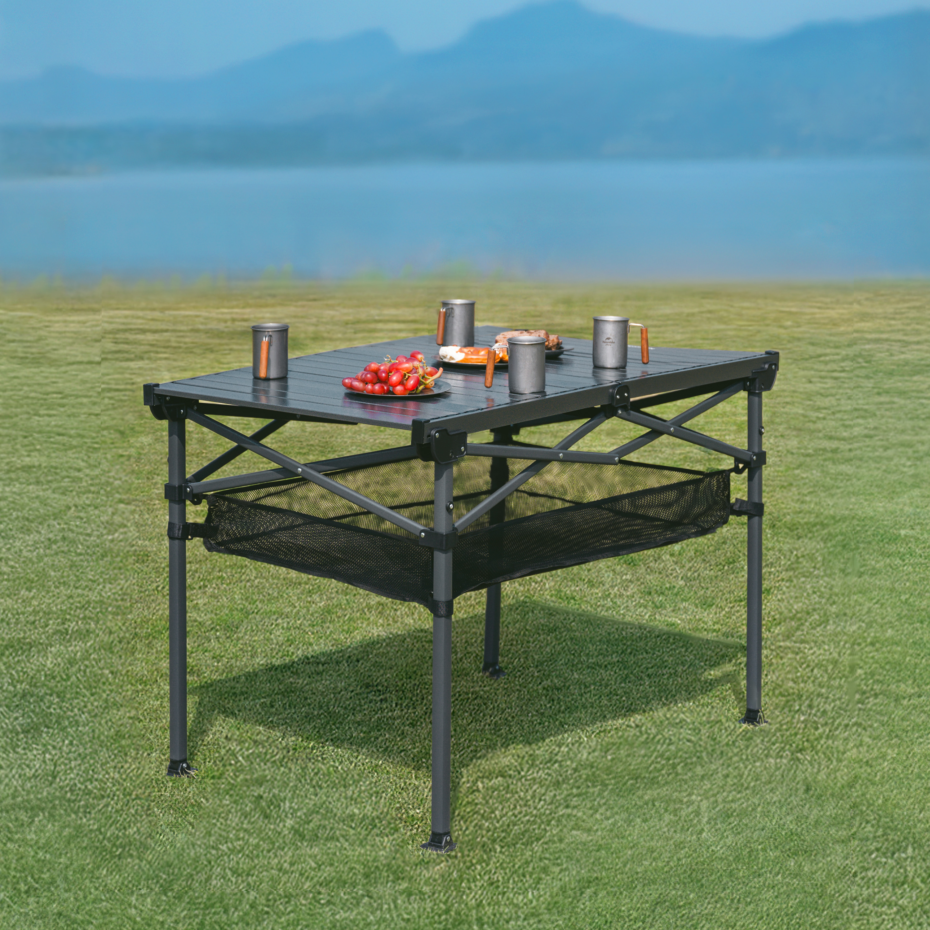 Стол туристический Naturehike Simple star H01 складной, 120х70х73 см, с сетчатой полкой, черный