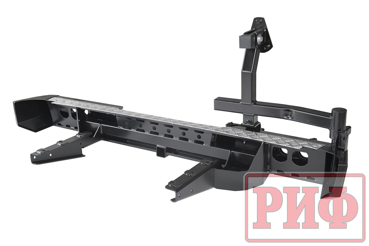 Бампер РИФ силовой задний для ГАЗ Соболь с квадратом под фаркоп, калиткой (слева), фонарями. подсветкой номера, стандарт