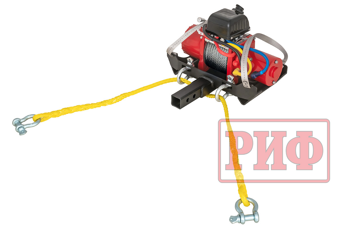 Лебёдка переносная РИФ 9.5XS c квадратом для фаркопа и проводами в сборе, короткий барабан, стальной трос (облегченная)