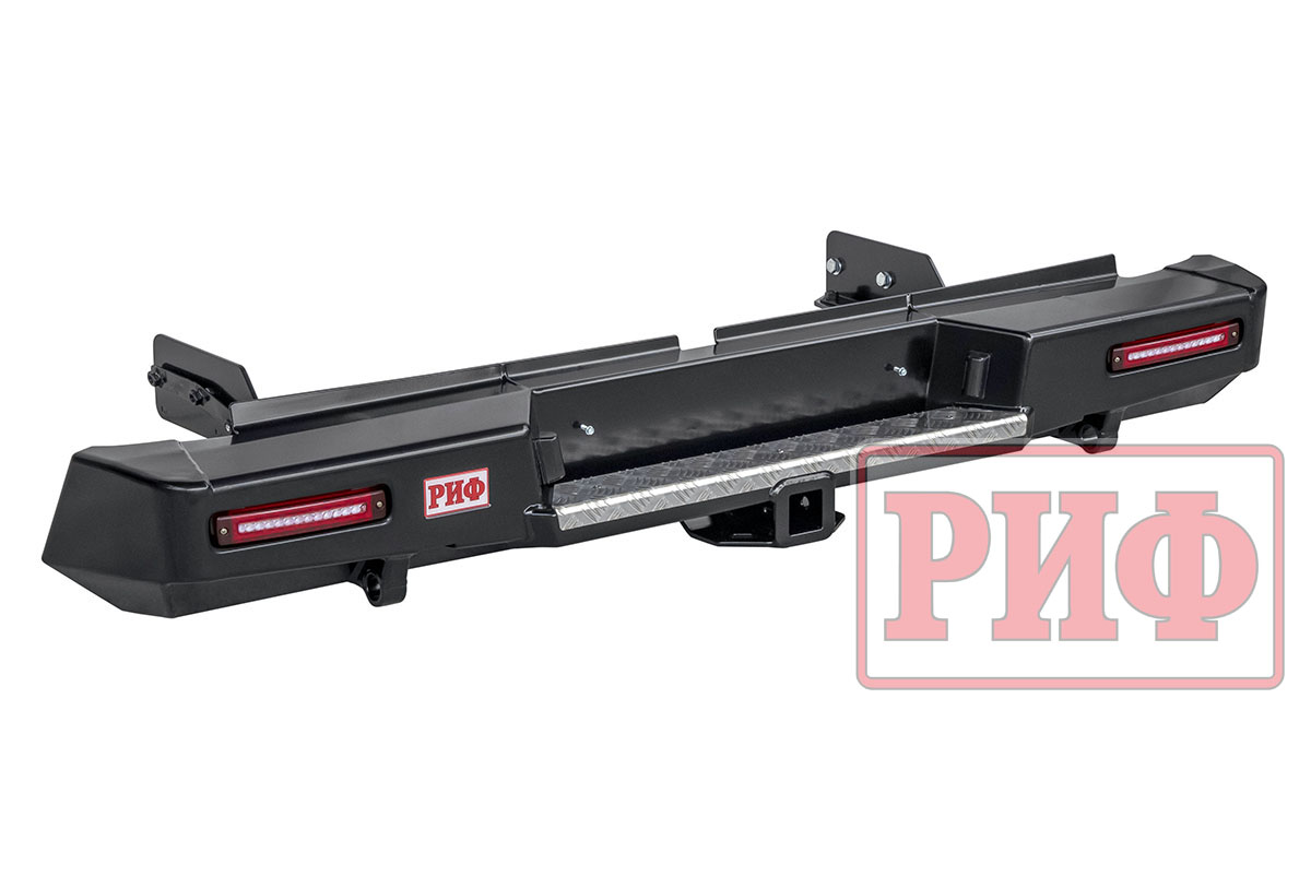 Бампер РИФ силовой задний Mitsubishi L200 2019-2022 с квадратом под фаркоп и фонарями