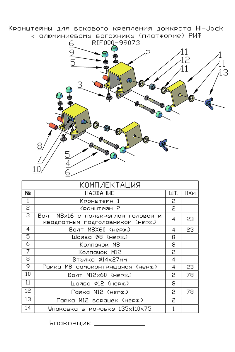 Кронштейны для бокового крепления домкрата Hi-Jack к алюминиевому багажнику (платформе) РИФ
