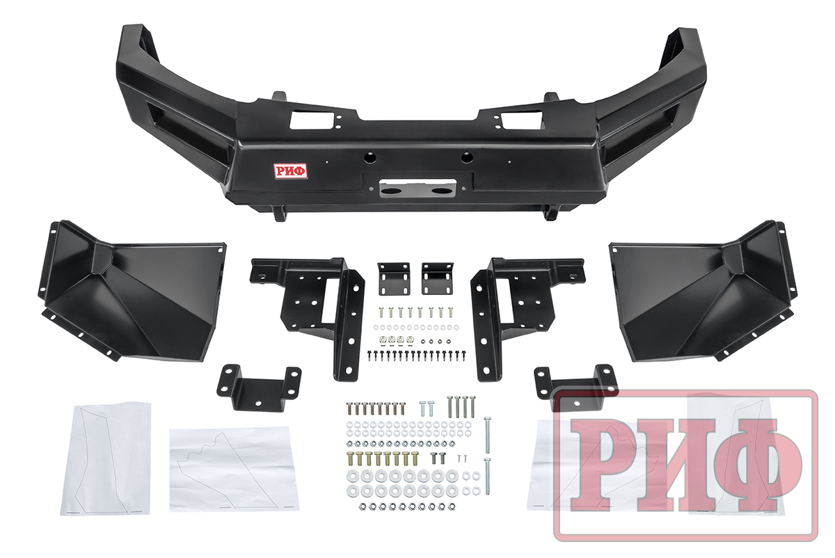 Бампер РИФ силовой передний Mitsubishi Pajero Sport 2015-2020 с доп. фарами (арт. B0205) и защитой бачка омывателя