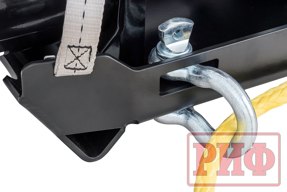 Лебёдка переносная РИФ 9.5XS c квадратом для фаркопа и проводами в сборе, короткий барабан, стальной трос (облегченная)