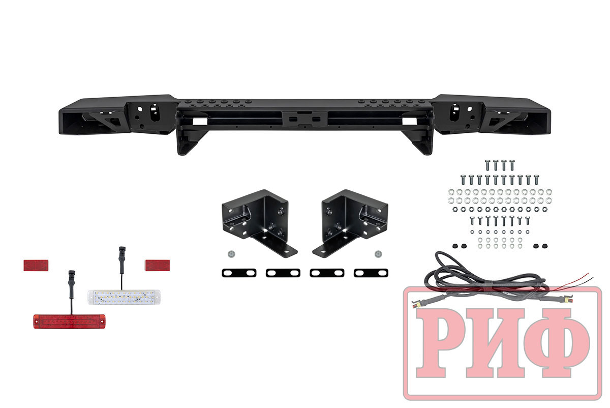 Бампер РИФ силовой задний УАЗ Хантер с фонарями, возможностью установки фаркопа, лифт 65 мм