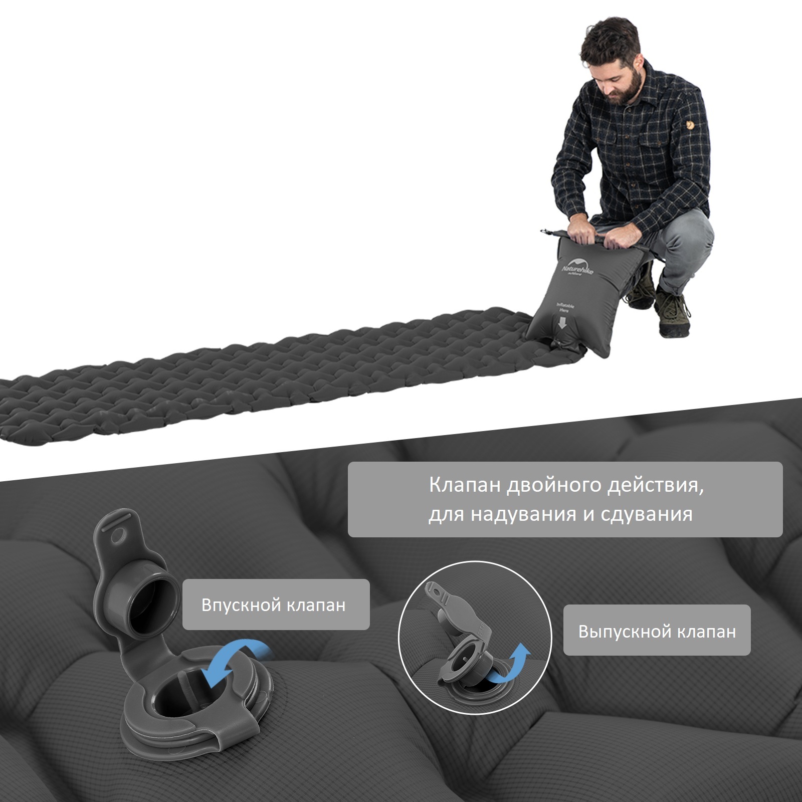 Коврик надувной Naturehike с подушкой, 185x59x3,5 см, серый, с мешком