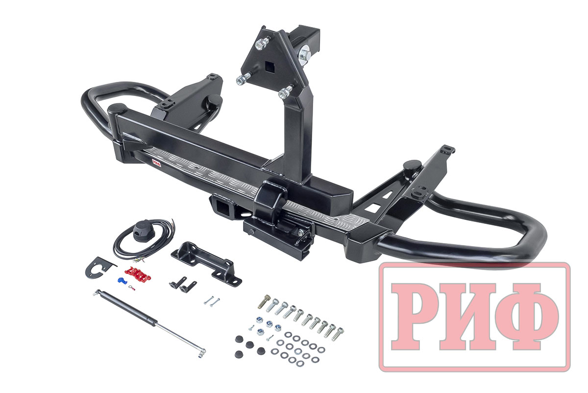 Бампер задний силовой/защита штатного бампера РИФ для Toyota Land Cruiser Prado 150 c квадратом под фаркоп, калиткой, подсветкой номера