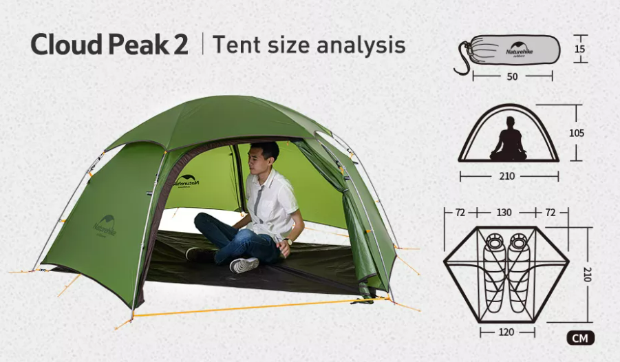 Палатка Naturehike Cloud Peak 20D Si 2-местная, алюминиевый каркас, зеленая